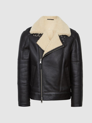 • black shearling aviator jacket mens front view
