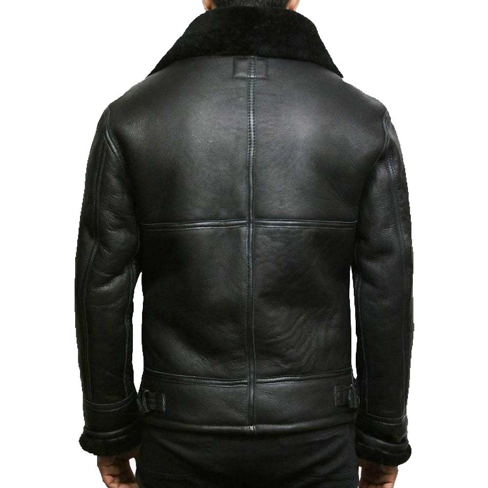 Men's Black Shearling Leather Aviator Jacket - AMSEL LEATHERS