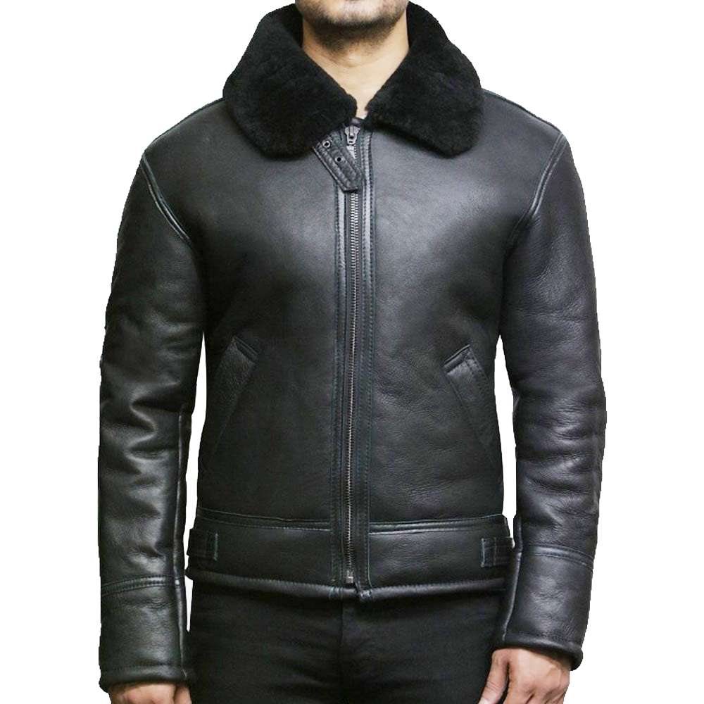 Men's Black Shearling Leather Aviator Jacket - AMSEL LEATHERS