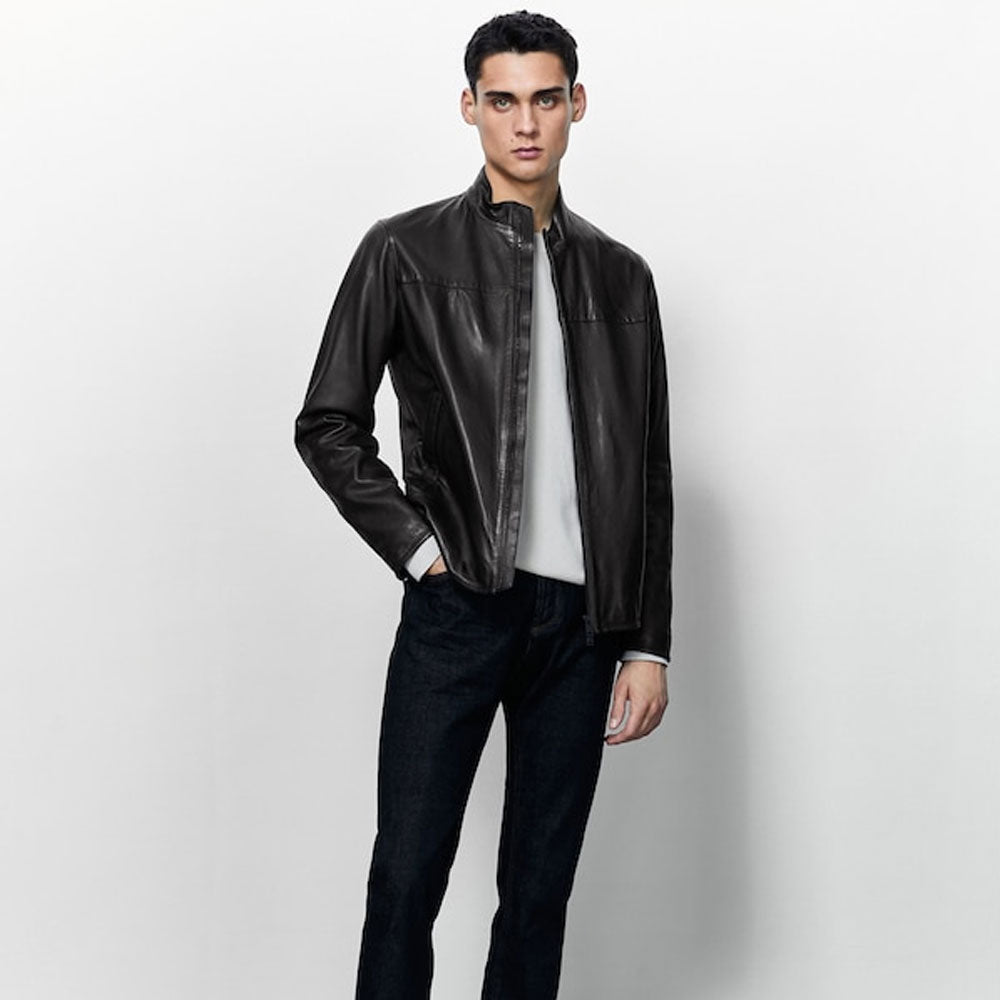 • mens high neck leather jacket zipper detail
