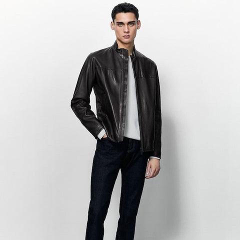 • mens high neck leather jacket zipper detail

