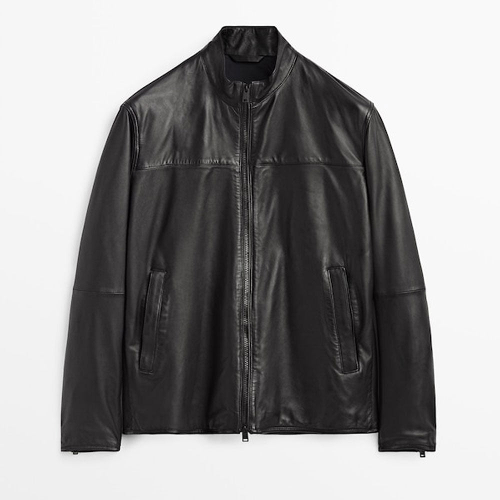 • black sheepskin leather biker jacket mens front view
