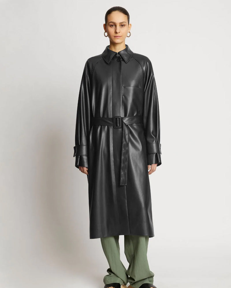 • black sheepskin leather trench coat womens front view
