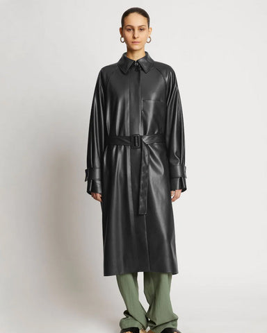 • black sheepskin leather trench coat womens front view
