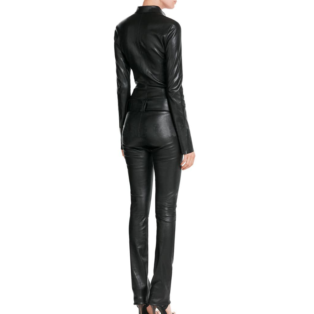 Black Women's Designer Leather Jumpsuit with Belted Waist - AMSEL LEATHERS