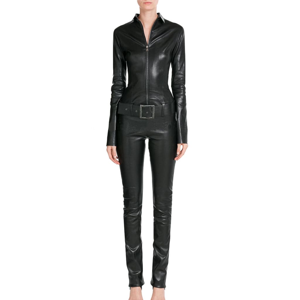 Black Women's Designer Leather Jumpsuit with Belted Waist - AMSEL LEATHERS