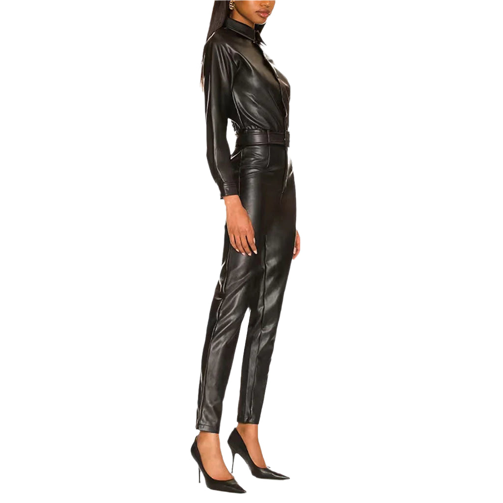 Black Women's Leather Jumpsuit - Effortless Elegance - AMSEL LEATHERS