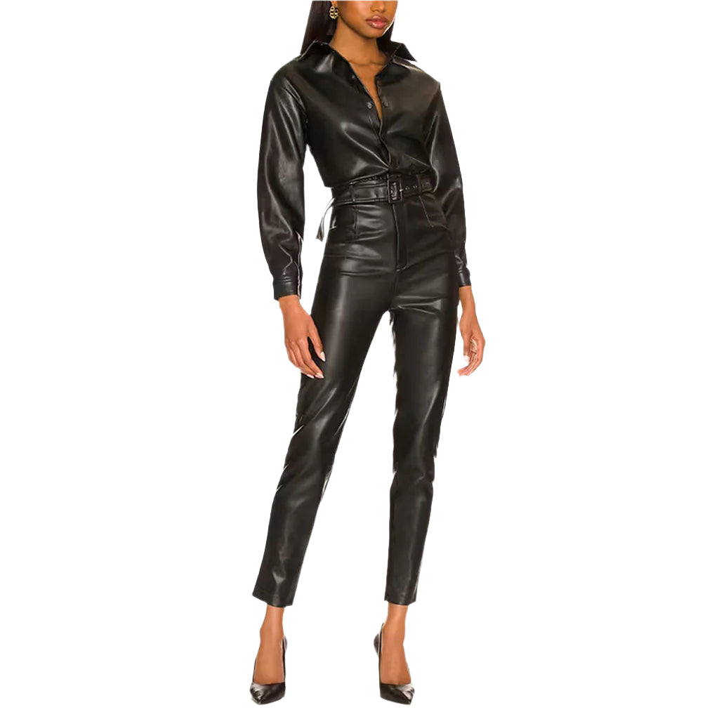 Black Women's Leather Jumpsuit - Effortless Elegance - AMSEL LEATHERS