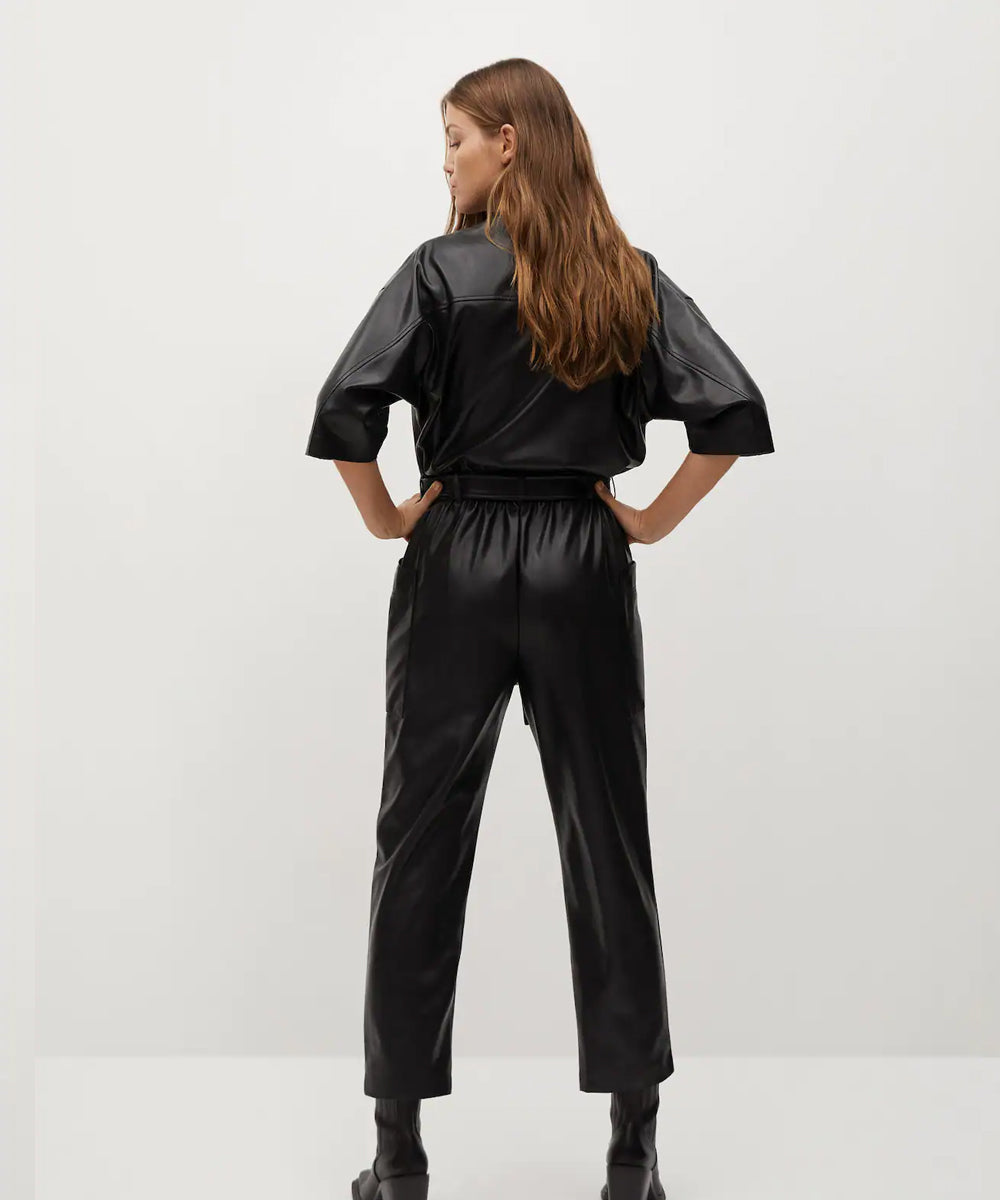 women's black leather jumpsuit celeste back view