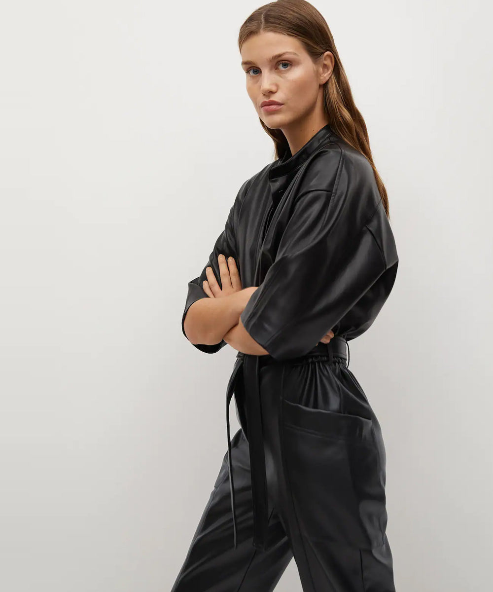 women's black leather jumpsuit celeste side angle