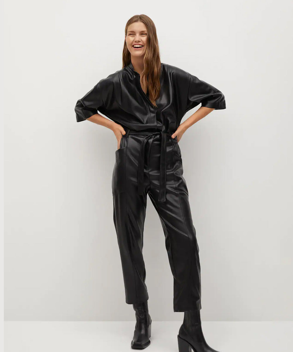 women's black leather jumpsuit celeste front view