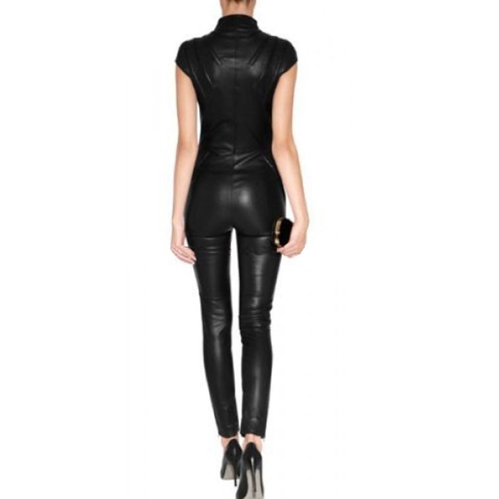 Black Women's Short Sleeves Leather Jumpsuit - Stunning Style - AMSEL LEATHERS