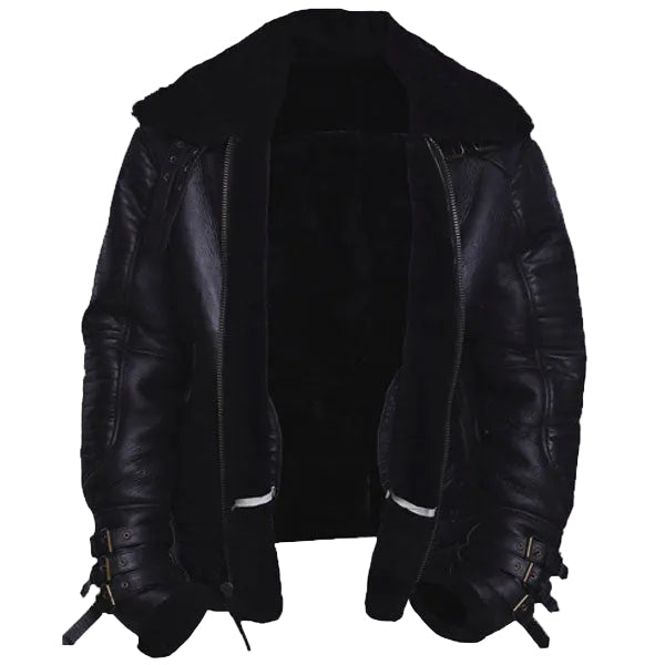 Black B3 bomber leather jacket with shearling lining