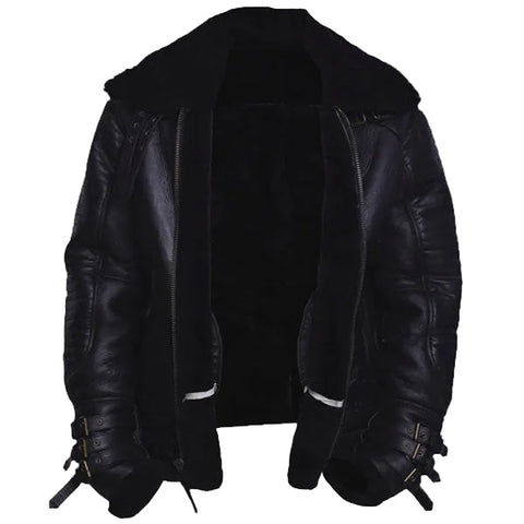 Black B3 bomber leather jacket with shearling lining