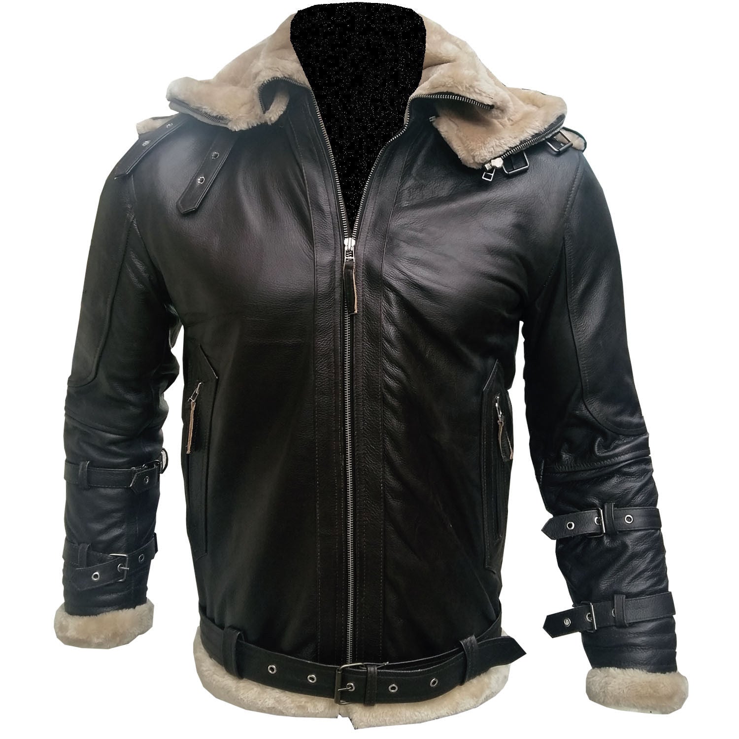 Black aviator leather jacket with shearling lining
