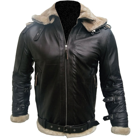Black aviator leather jacket with shearling lining
