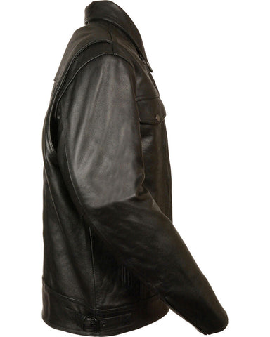 Black big and tall leather motorcycle jacket with utility pockets
