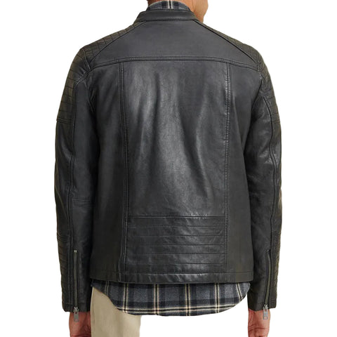 Black biker leather jacket for men with stand-up collar
