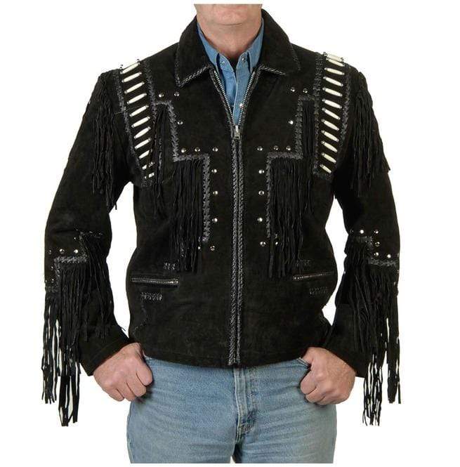 men's black fringe suede leather jacket elias front view