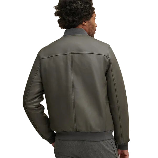 Black genuine leather bomber jacket for men
