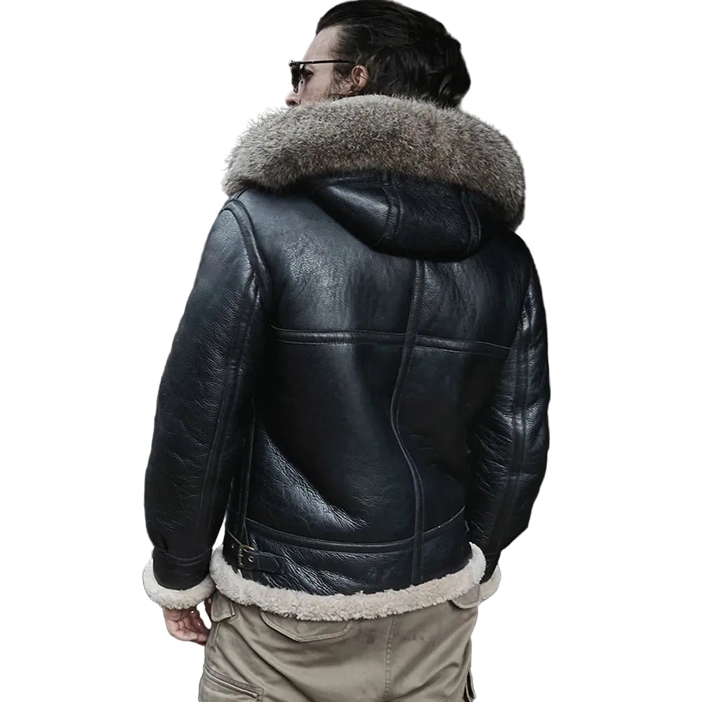 Black hooded sheepskin aviator jacket for men
