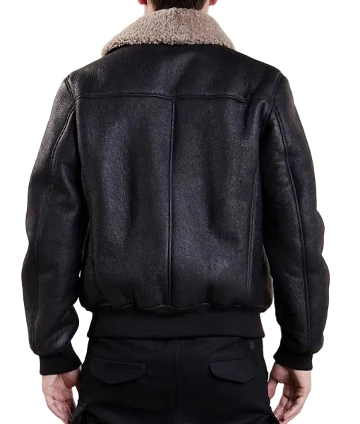 Black leather bomber jacket for men
