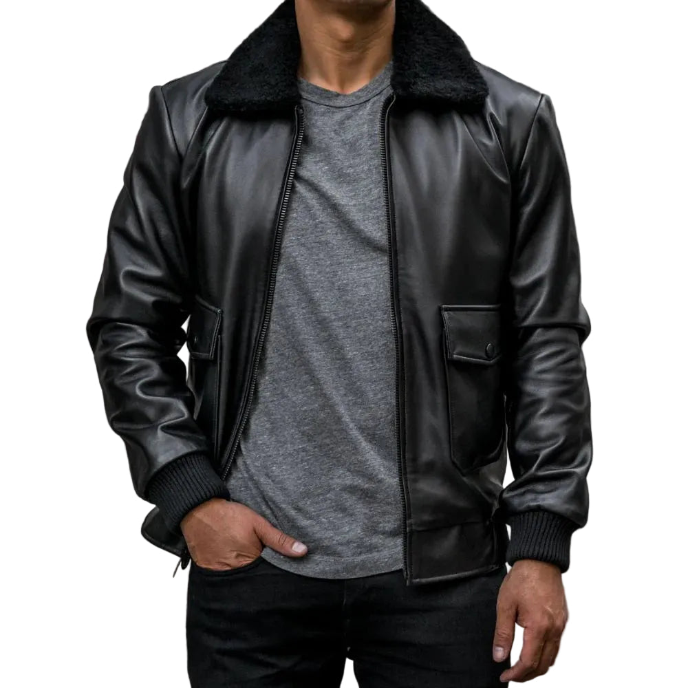 Black leather bomber jacket for men with aviator styling
