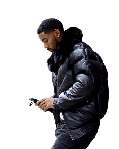 Black leather bomber jacket with removable fur collar
