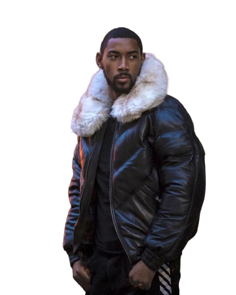 Black leather bomber jacket with removable off white fur collar
