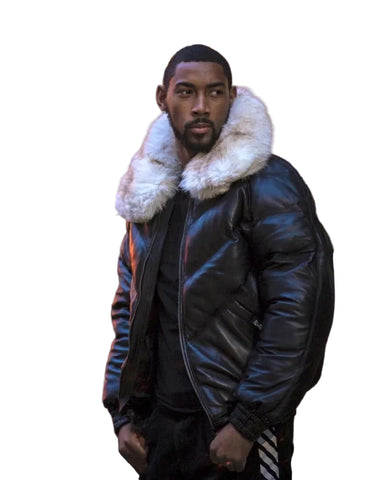 Black leather bomber jacket with removable off white fur collar
