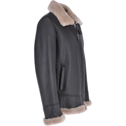 Black leather bomber jacket with shearling lining