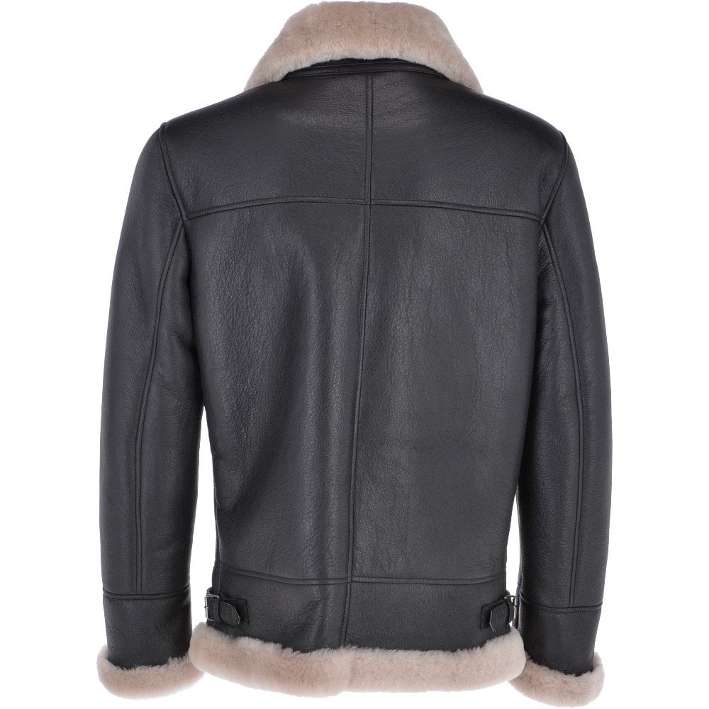 Black leather bomber jacket with shearling lining