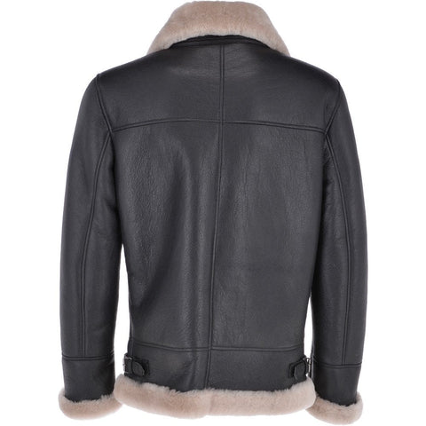 Black leather bomber jacket with shearling lining