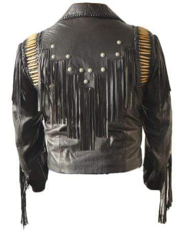 Black leather cowboy jacket with fringe for men
