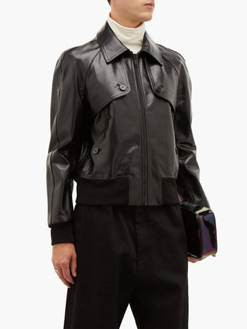 men’s black cowhide leather jacket back view