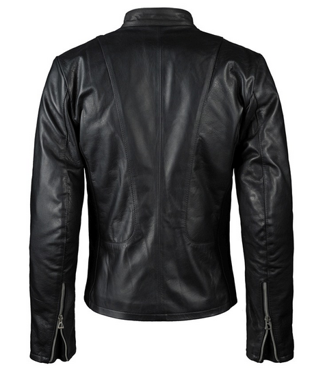 Black leather motorbike jacket with seam piping

