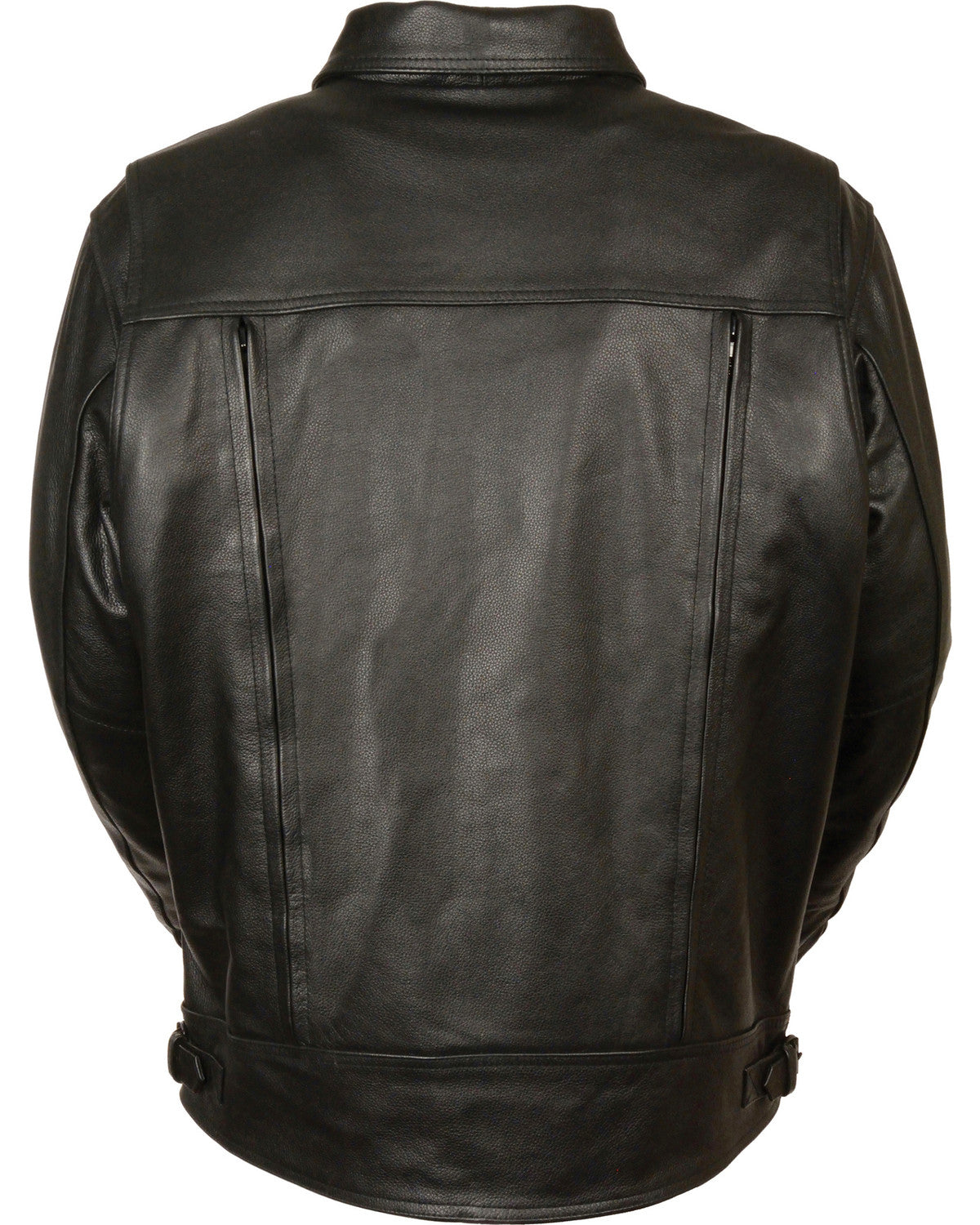 Black leather motorcycle jacket with utility pockets
