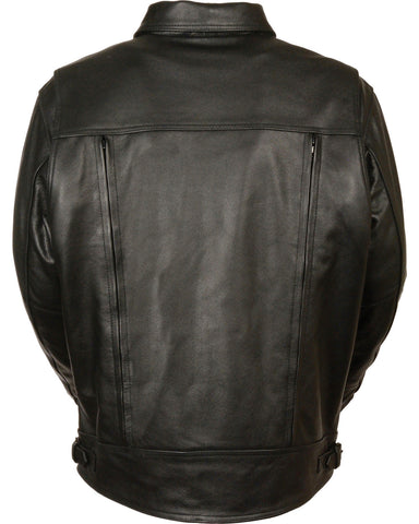 Black leather motorcycle jacket with utility pockets
