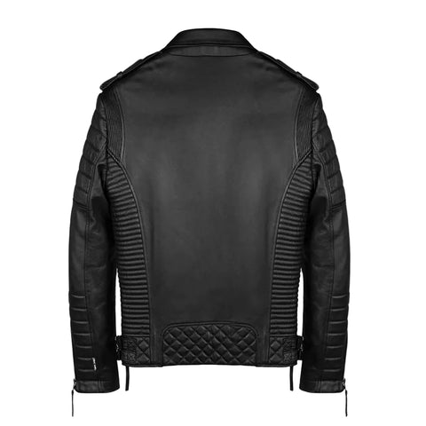 Black leather motorcycle jacket with waist belt
