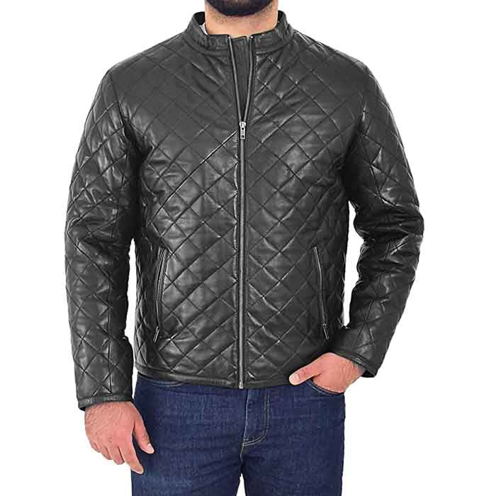 Black leather puffer jacket for men with stand-up collar
