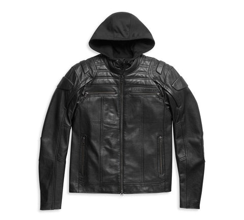 Black leather riding jacket with shoulder and elbow armor
