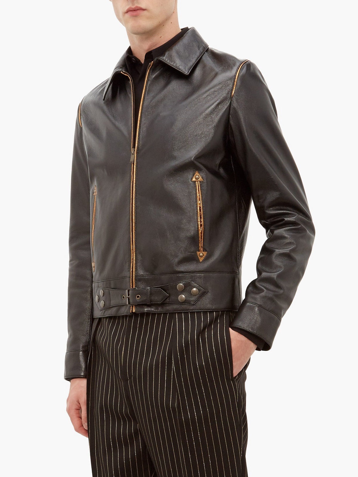 men's black leather shirt marek side angle