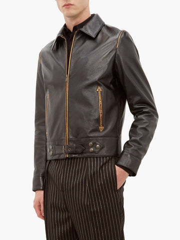 men's black leather shirt marek side angle