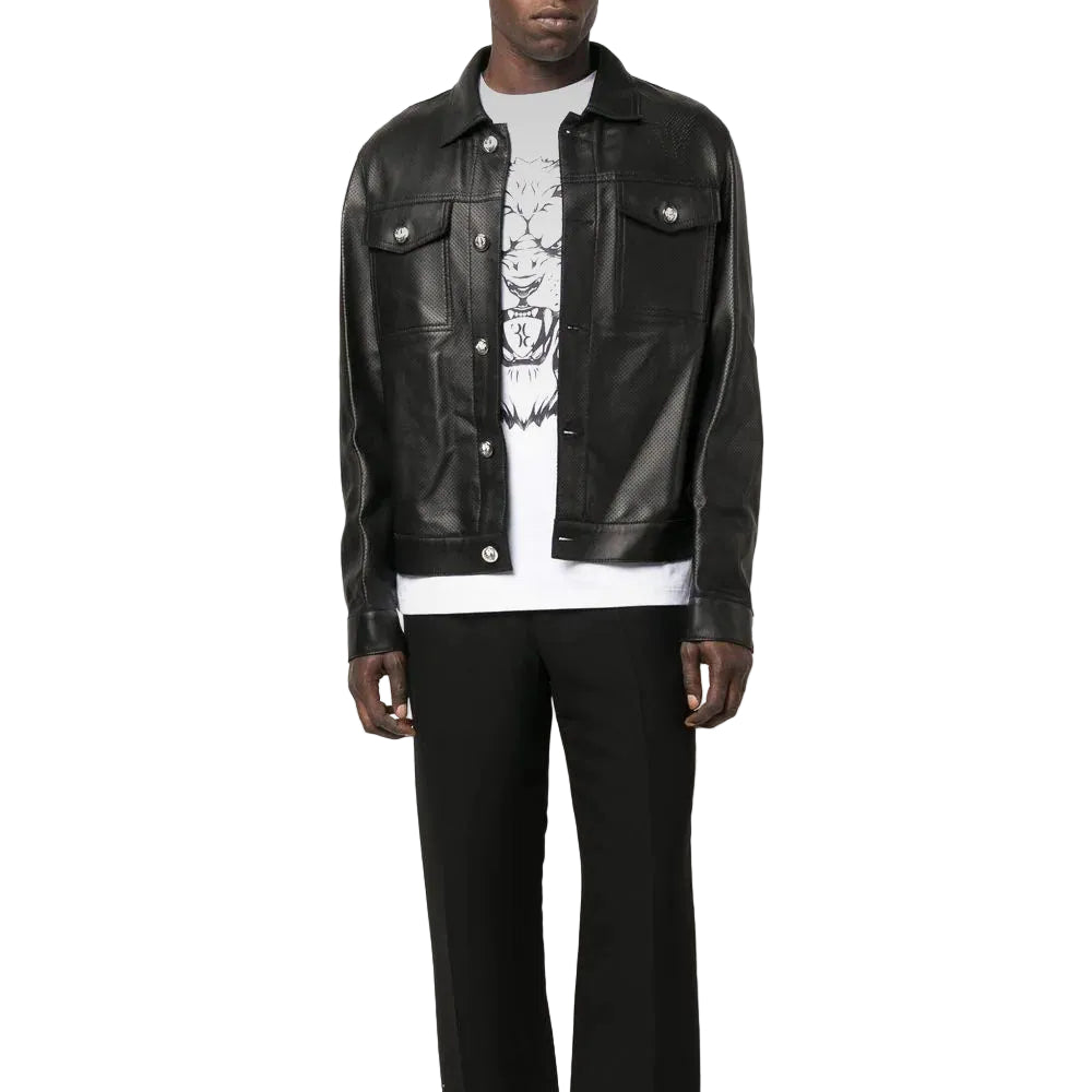 men's black lambskin leather shirt ronan detail close up