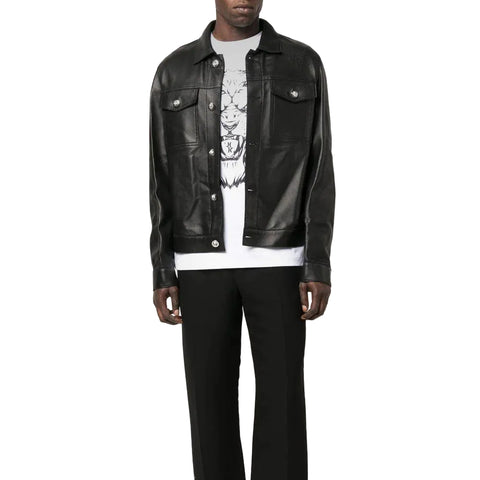 men's black lambskin leather shirt ronan detail close up