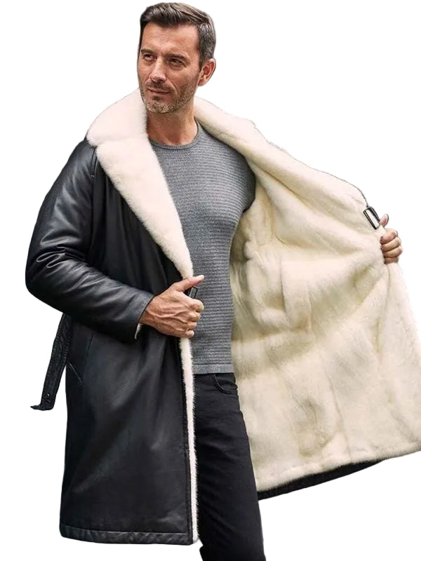Black leather trench coat for men with shearling lining
