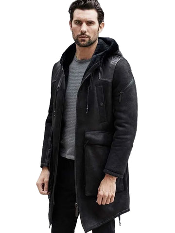 Black leather trench coat for men with shearling lining
