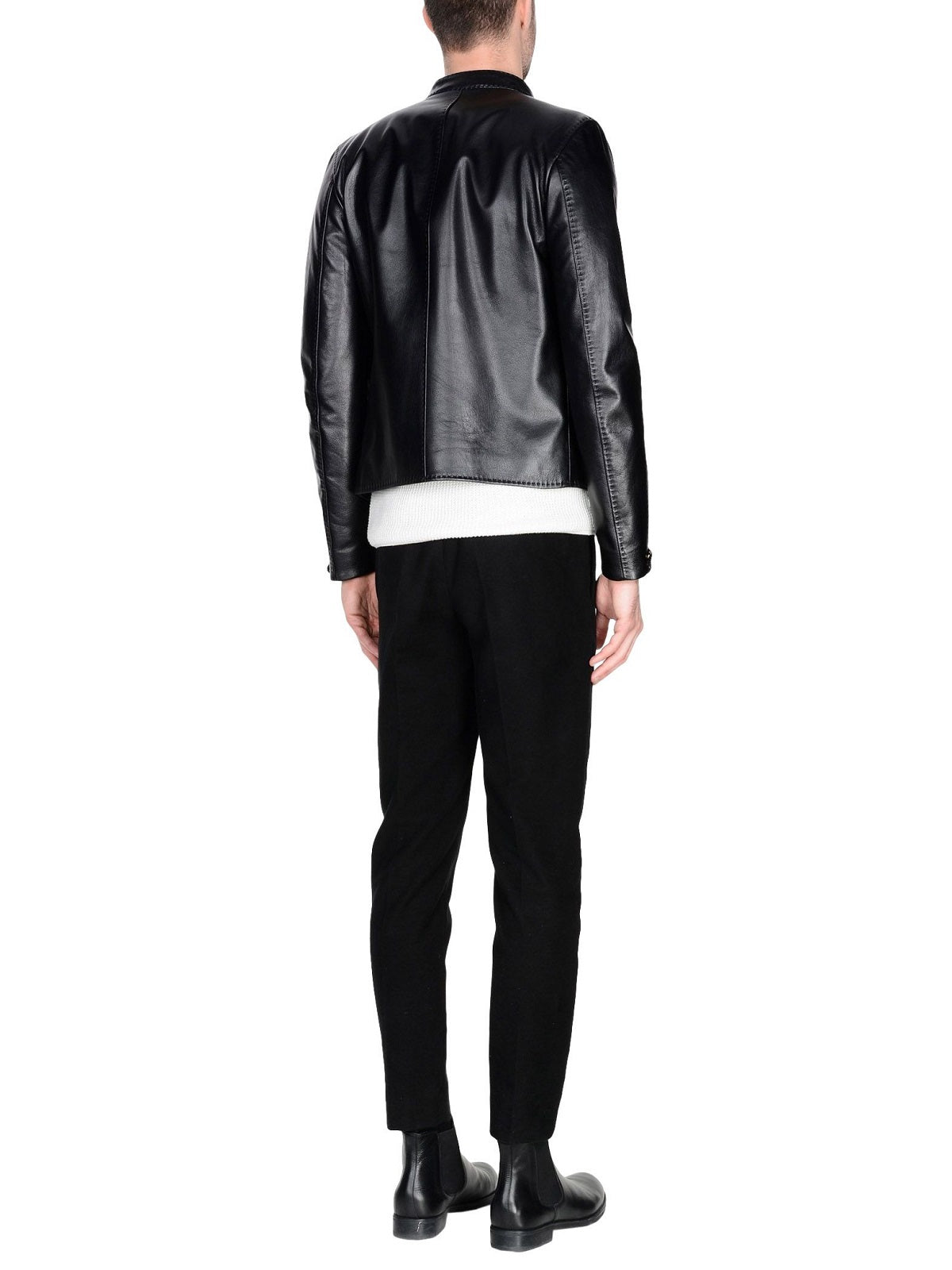 Black leather zip jacket with snap-tab collar
