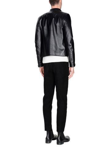 Black leather zip jacket with snap-tab collar
