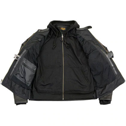 Black lightweight leather riding jacket with hoodie liner